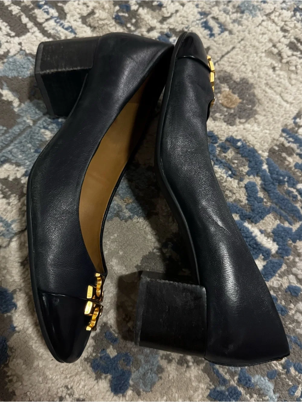 Tory Burch Black Leather Flats with Gold Logo Accent